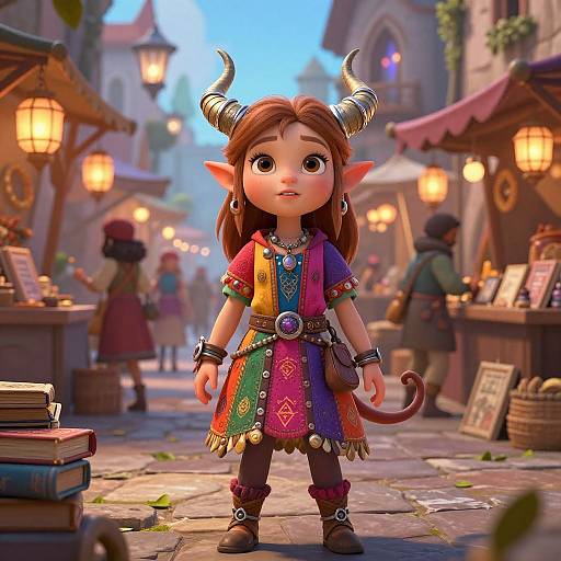 Young Tiefling Girl in Fantasy Market