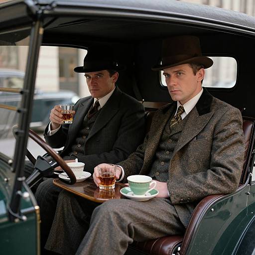 Photograph of two men in early 20th-century style suits and hats, sitting in a vintage car, sipping tea, with a small wooden