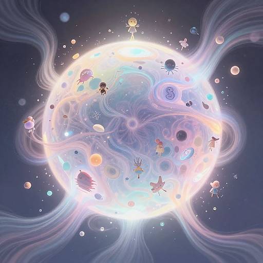 Digital artwork of a glowing, swirling sun orb with colorful, floating cartoon characters and celestial objects in a dark, starry space background.