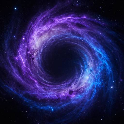 Digital artwork of a swirling galaxy with vivid purple and blue energy spirals, set against a dark, star-speckled cosmos.