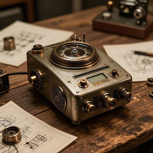 Vintage mechanical camera on rustic wooden table, surrounded by blueprints and camera parts, creating a nostalgic, industrial aesthetic. Photograph.