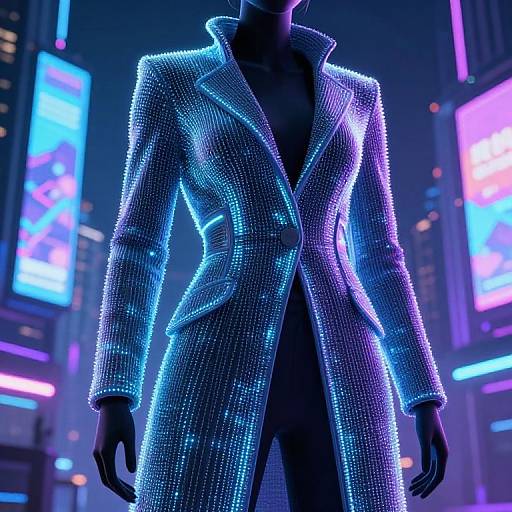 Neon-lit, silhouette of a person in a sparkling, blue-and-purple sequined, long coat, standing in a futuristic cityscape with glowing