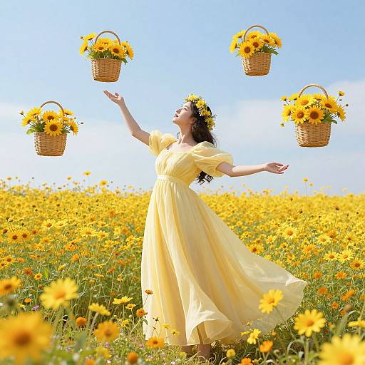 Photograph of a woman in a yellow dress and sunflower crown, standing in a sunflower field, levitating four sunflower baskets against a clear