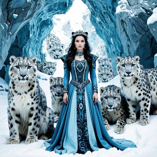 Mystical Lady with Snow Leopards in Icy Cave