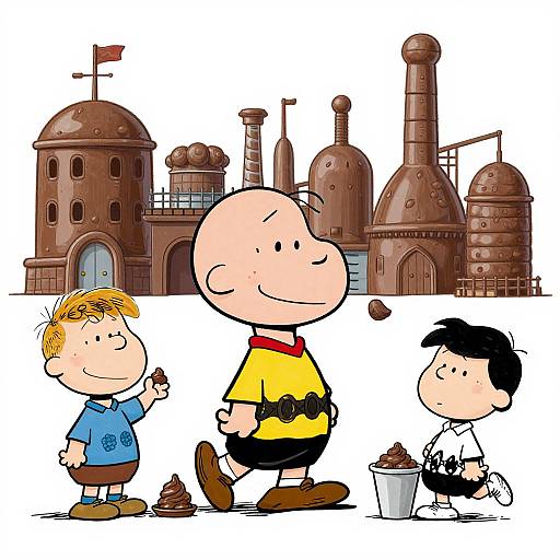 Cartoon drawing of three children holding chocolate coins in front of a brown industrial factory with domed towers and chimneys.