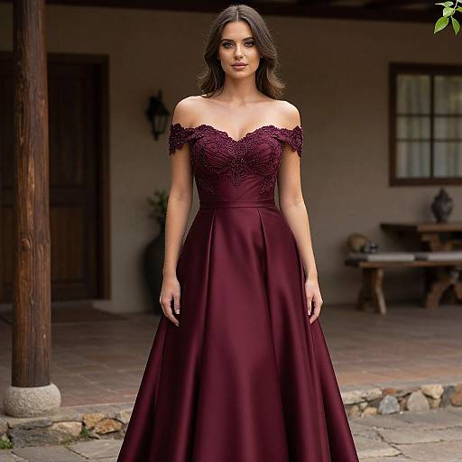 Photograph of a beautiful brunette woman in an off-shoulder, deep burgundy, lace-embellished gown, standing in a rustic courtyard