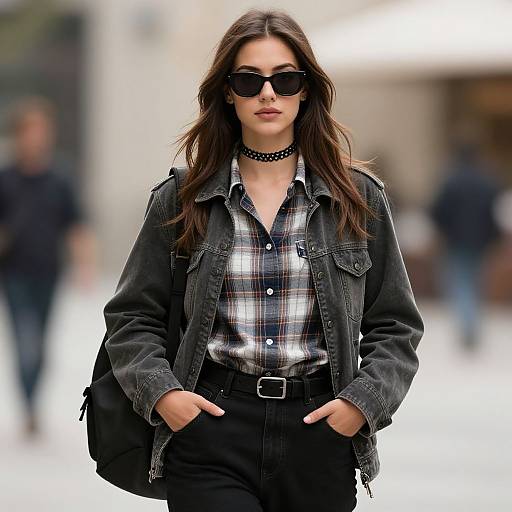 Photograph of a stylish woman with long brown hair, black sunglasses, choker necklace, plaid shirt, denim jacket, and black pants, walking