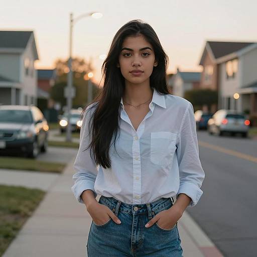 Young Woman in Suburban Street at Golden Hour