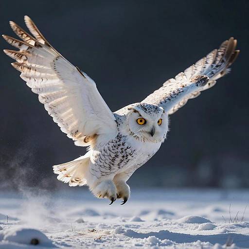 Regal Alabaster Owl Over Snowy Fields