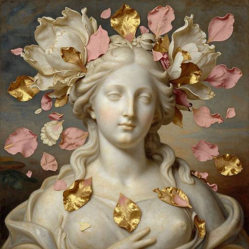 Photograph of a classical white marble statue with a serene face, adorned with gold and pink flower petals, floating around head.