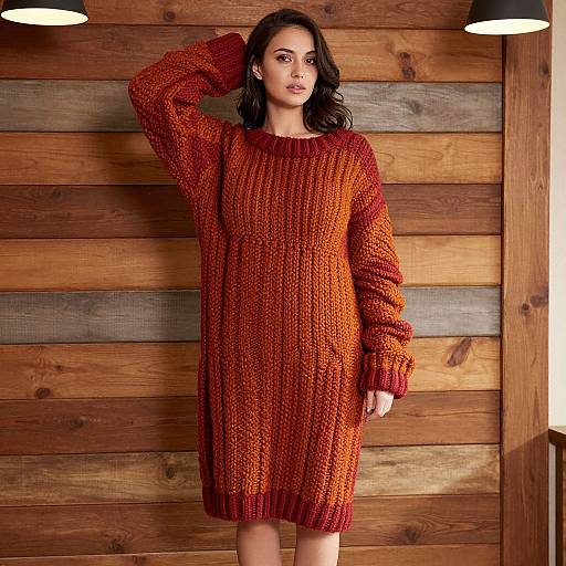 Photograph of a dark-haired woman in an orange-red, chunky knit sweater standing against a wooden wall, arm raised, under two black lamps.