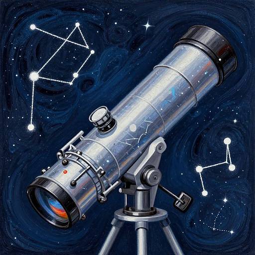 Digital illustration of a silver telescope with star-filled, dark blue night sky background, featuring constellation lines and white stars.