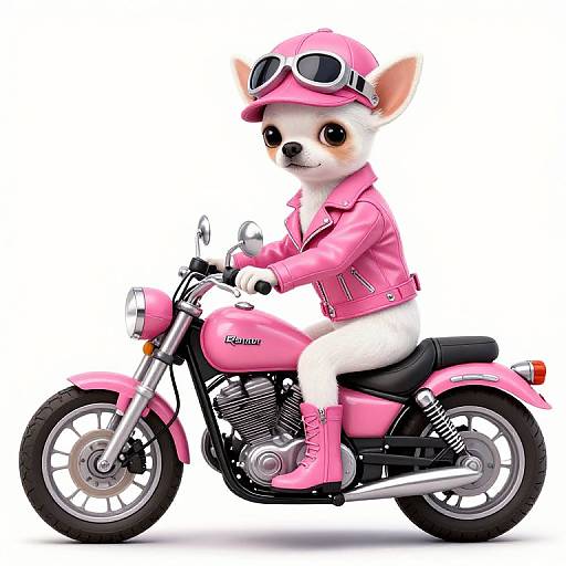 Cute CGI chihuahua in pink leather biker gear, goggles, and hat, riding a pink Honda motorcycle, white background.