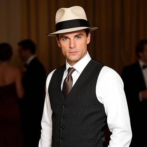 Photograph of a handsome man in a white shirt, black vest, patterned tie, and cream fedora, standing in a dimly lit,