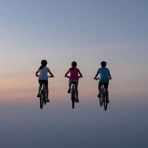 Photograph of three children biking away from the camera, silhouetted against a gradient sky at sunset with pink and blue hues.