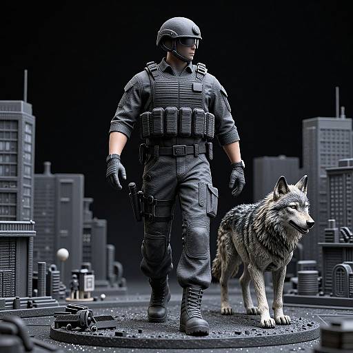 Photorealistic CGI of a armored soldier in black tactical gear with helmet and gloves, walking a wolf in a dark, futuristic cityscape with tall buildings