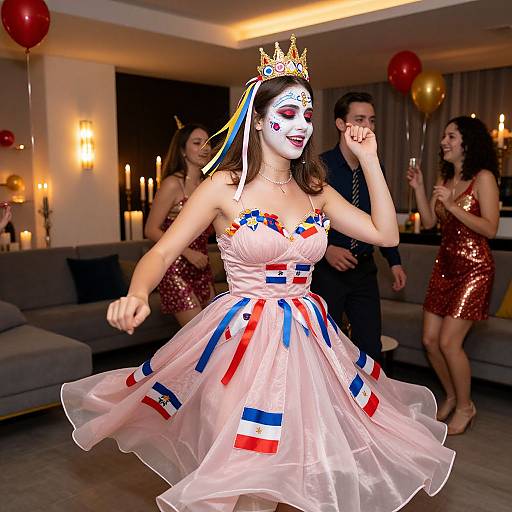 Photograph of a woman in a white, strapless, tulle dress with red, white, and blue ribbons, wearing a gold crown and