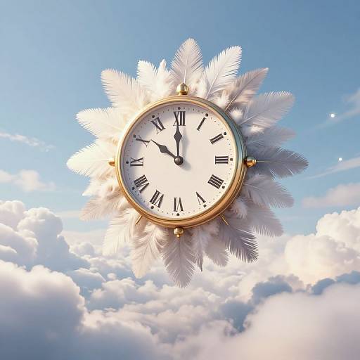 Photograph of a gold clock with white feathers surrounding it, floating in a bright blue sky with fluffy white clouds.