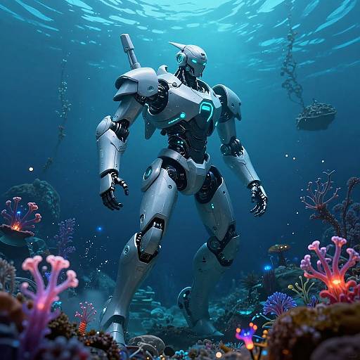 Photorealistic CGI of a silver humanoid robot with glowing blue accents, standing amidst vibrant underwater coral reefs under bright blue sunlight.