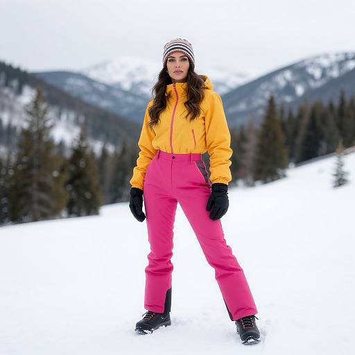 Photograph of a woman in a bright yellow jacket and pink snow pants, black gloves, and striped beanie, standing in a snowy mountain landscape.