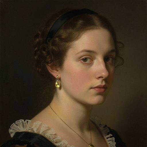 Photograph-style portrait of a young Caucasian woman with fair skin, brown wavy hair, black headband, gold earrings, black ruffled dress,