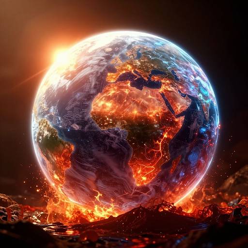 Digital artwork of a fiery, glowing Earth with blazing red and orange flames consuming the surface, set against a dark, starless background. Bright sunlight shines