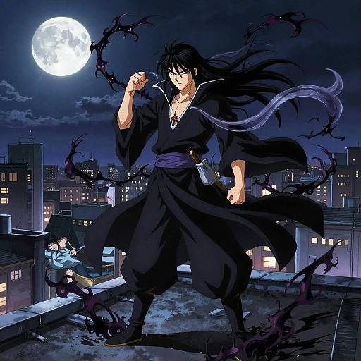 Digital anime artwork of a muscular, black-haired man in a dark kimono, standing on a rooftop under a full moon, with a smaller figure c