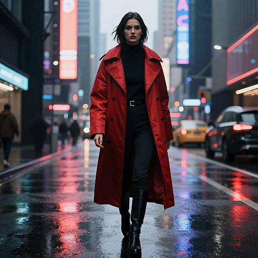 Woman in Crimson Coat on Rainy Neon City Street