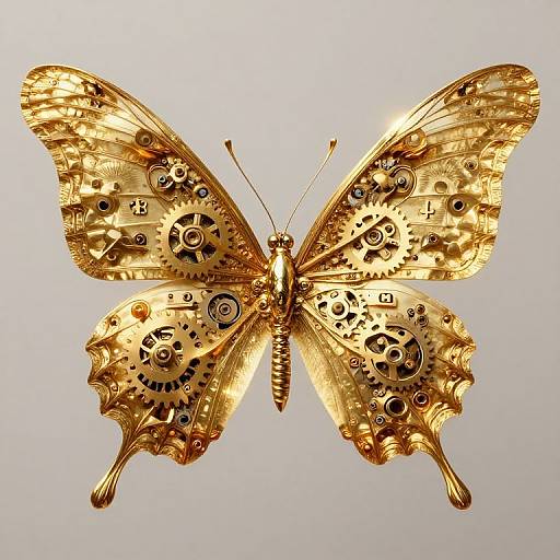 Photograph of a golden butterfly with intricate gear-like patterns on its wings, set against a plain white background. Steampunk-inspired design.