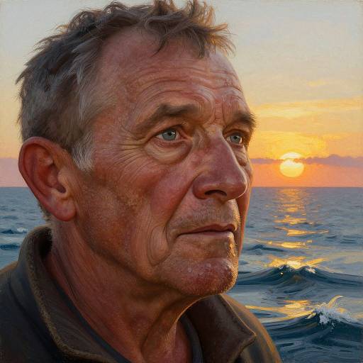Photograph of an older man with weathered face, short gray hair, and brown jacket, gazing at a vibrant sunset over the ocean.