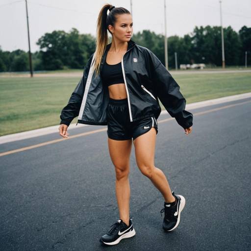 Athletic Woman in Black Windbreaker and Running Shoes