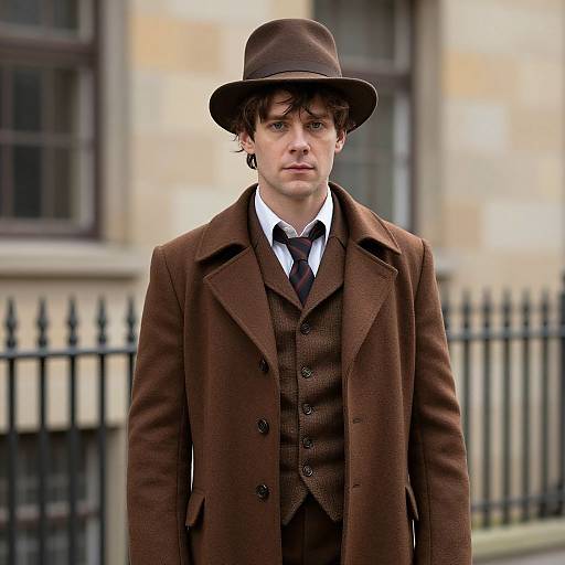 Photograph of a young man with pale skin, dark curly hair, wearing a brown bowler hat, brown three-piece suit, white shirt, and