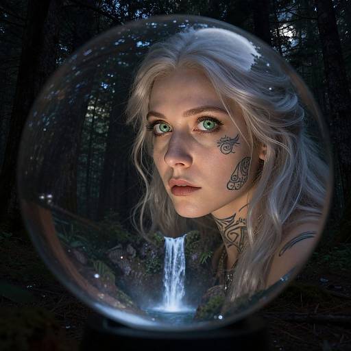 Photorealistic digital art of a silver-haired woman with green eyes, tattoos, and a nose piercing, framed in a glass bubble, gazing at
