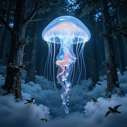 Photorealistic digital art of a glowing blue jellyfish floating in a dark, misty forest with birds flying below and trees surrounding.