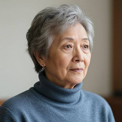 Photograph of an elderly Asian woman with short gray hair, wearing a blue turtleneck, silver hoop earrings, and looking thoughtfully to the right