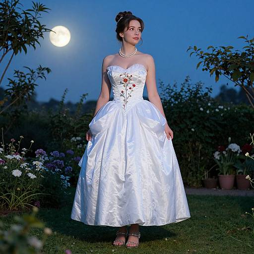 Photograph of a fair-skinned woman in a white strapless satin wedding dress with floral embroidery, pearl necklace, and updo, standing in a