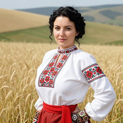 Photograph of a smiling woman with curly black hair, wearing a white embroidered blouse and red skirt, standing in a golden wheat field with rolling hills in