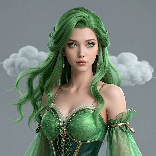 Digital artwork of a fair-skinned, green-eyed woman with long green hair, wearing a green, ornate off-shoulder dress, set against