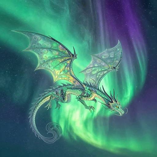 Digital art of a glowing, iridescent dragon with intricate wings soaring through a vibrant aurora borealis in a starry night sky.