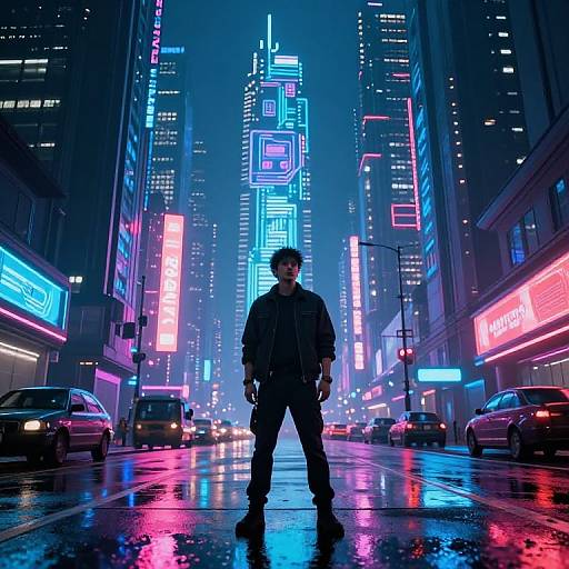 Neon-lit, cyberpunk city street at night; rainy wet pavement reflects colorful neon signs. Silhouetted man in dark jacket stands confidently