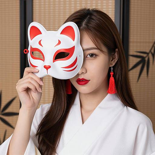 Asian woman with white cat mask and red tassel earrings