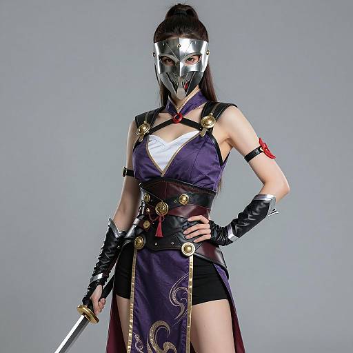 Woman in detailed combat-inspired fantasy costume with metallic mask