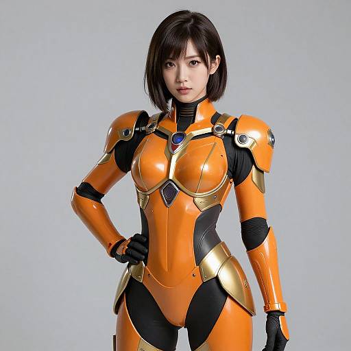 CGI image of an Asian woman with short black hair in an orange and gold futuristic armor suit with black accents.