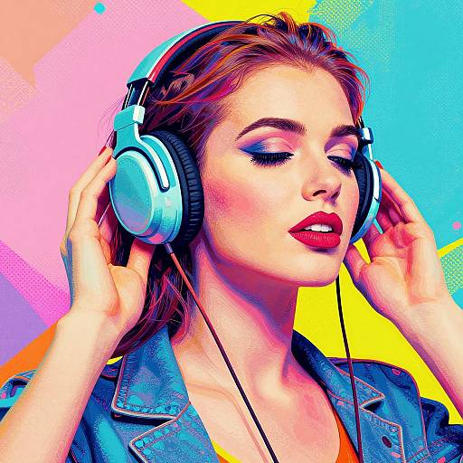 Photograph-style digital artwork of a fair-skinned woman with red lipstick, brown hair, wearing blue headphones and denim jacket, eyes closed, against a