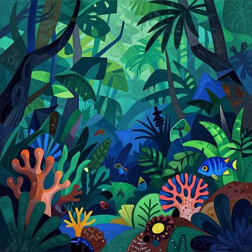 Vibrant, abstract digital painting of a dense, colorful jungle with neon coral, large leaves, and blue-green hues, featuring hidden fish and palm