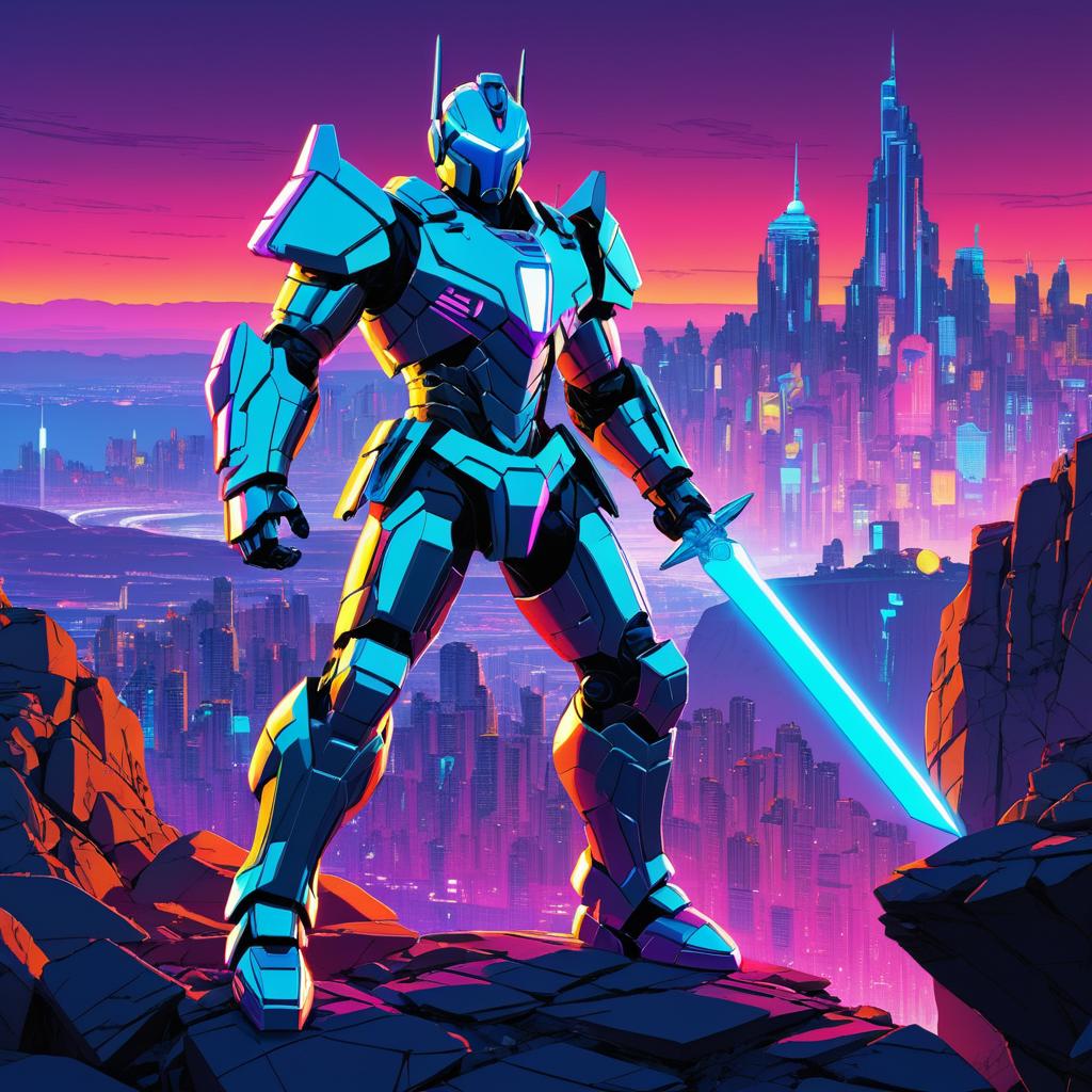 Futuristic Knight in Neon Cityscape