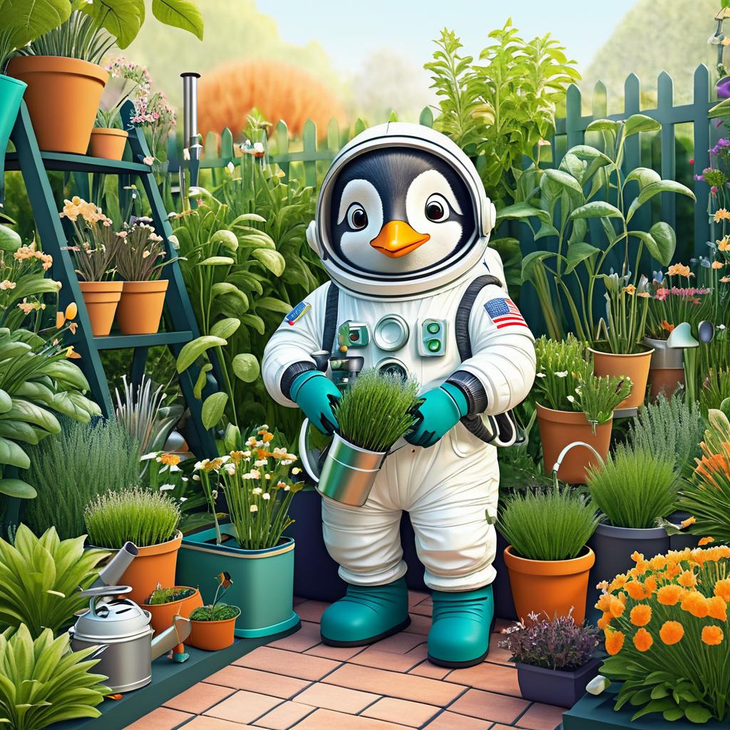 Astronaut Penguin Gardening in Autumn