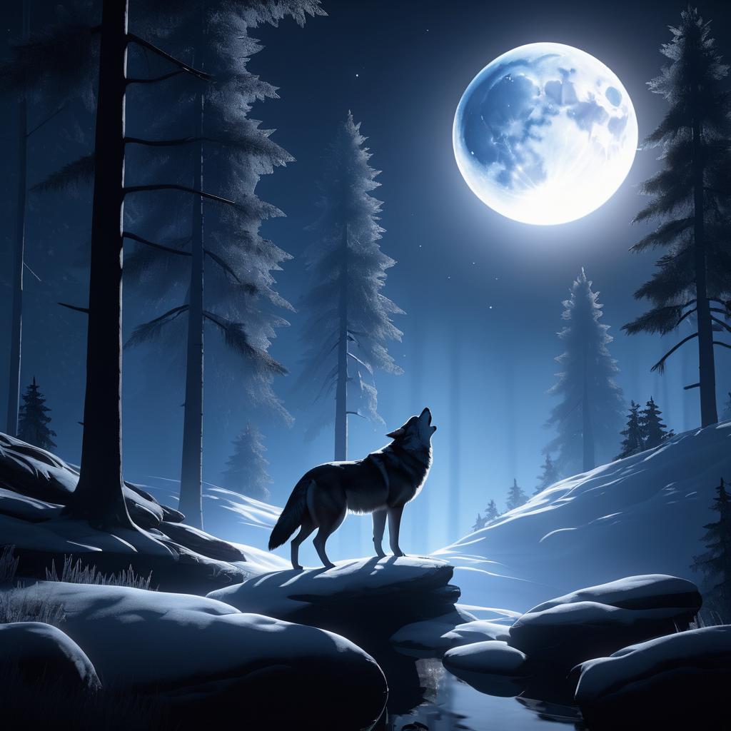 Moonlit Wolf Howling in Misty Wilderness