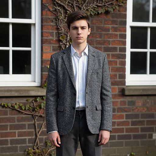 Young Man Outdoors by Ivy-Covered Brick