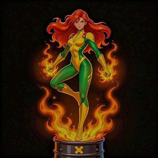 Female Superhero with Flaming Hands in Green and Yellow Suit
